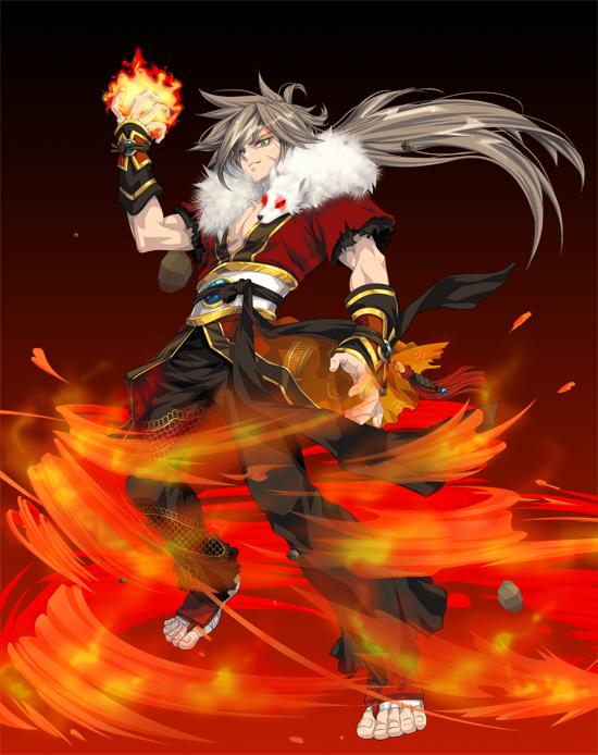 1boy, bandages, barefoot, belt, brown_hair, chest, cowboy_shot, fire