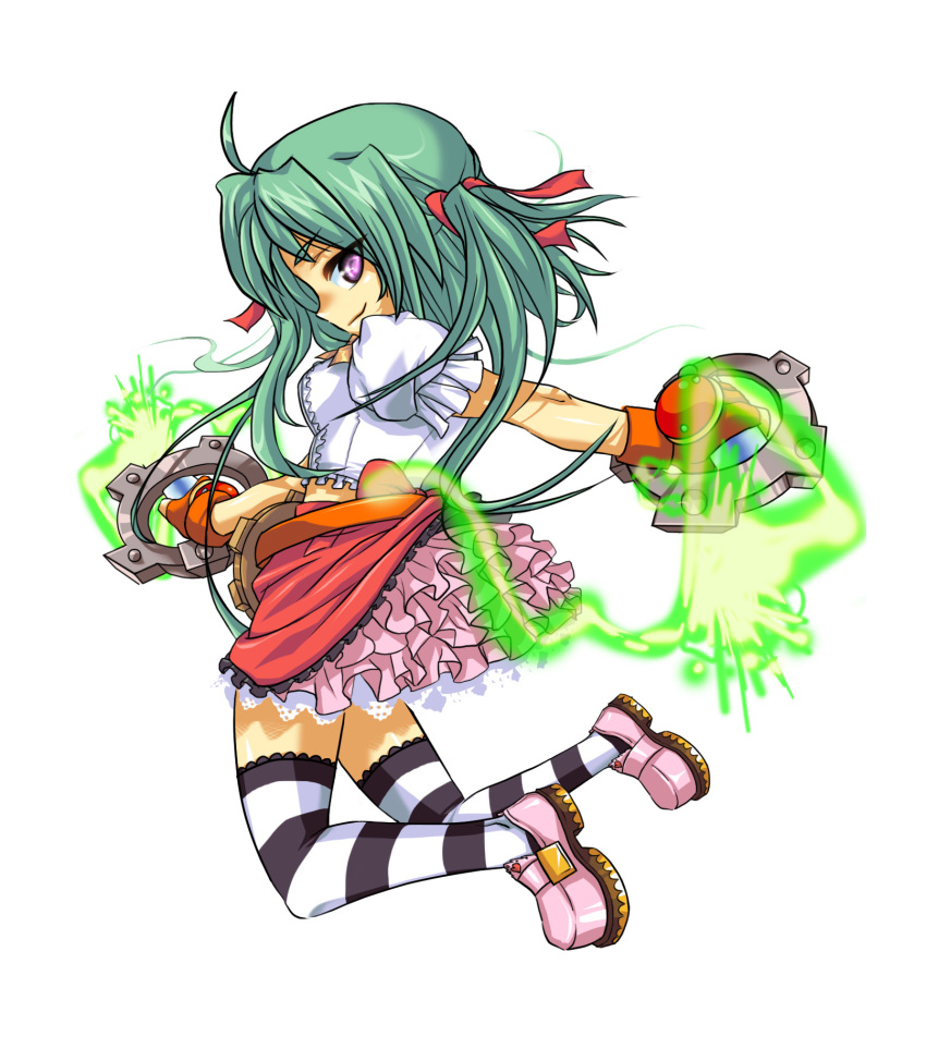 1girl, dual_wielding, electricity, green_hair, hikaru_(mini_fighter), knife, looking_at_viewer, mini_fighter