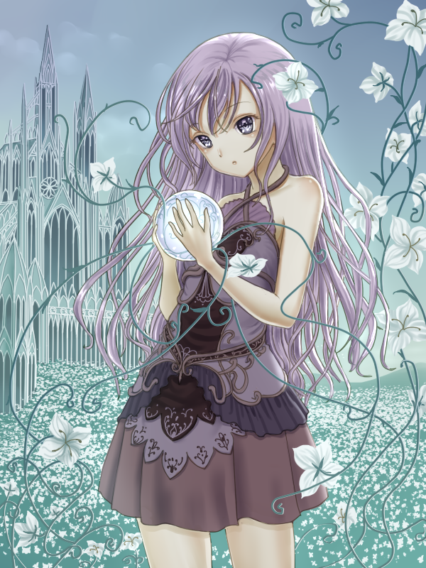 1girl, bare_shoulders, brown_skirt, crystal_ball, facing_viewer, field, flower, flower_field