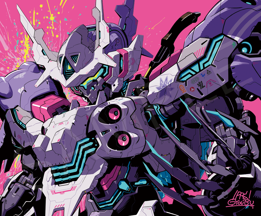 close-up, gyoubu_ippei, hoshi_to_tsubasa_no_paradox, looking_down, mecha, no_humans, official_art, open_hand, paint_splatter, signature, solidea, solo, upper_body, visor