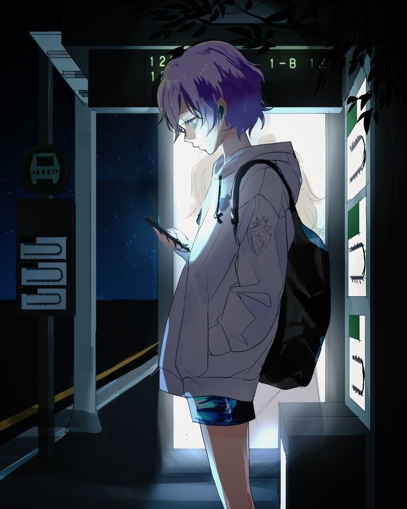 1boy, backpack, bag, bangs, blue_eyes, cellphone, epel_felmier, from_side