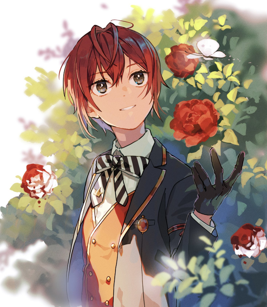 1boy, bangs, black_gloves, blue_eyes, flower, gloves, gyuunyuu_(mashika), hair_between_eyes, highres, jacket, long_sleeves, male_focus, redhead, riddle_rosehearts, rose, shirt, short_hair, smile, solo, twisted_wonderland