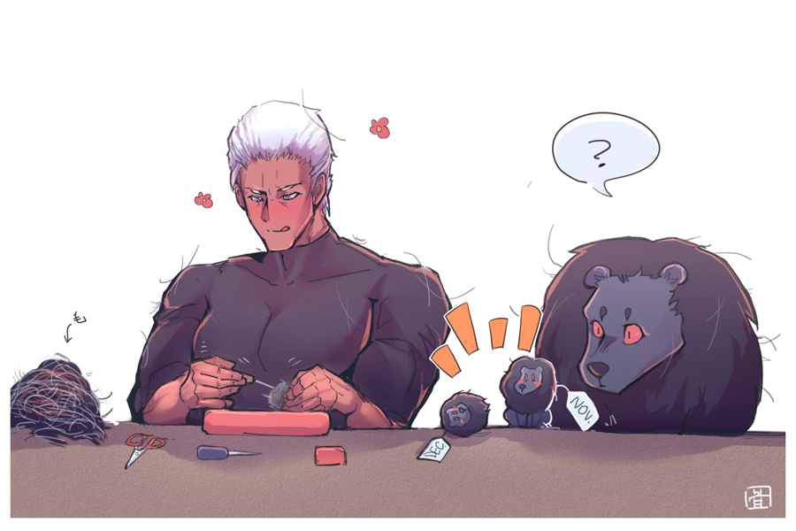 1boy, ?, black_fur, black_shirt, dark_skin, flower, glaugan, knitting