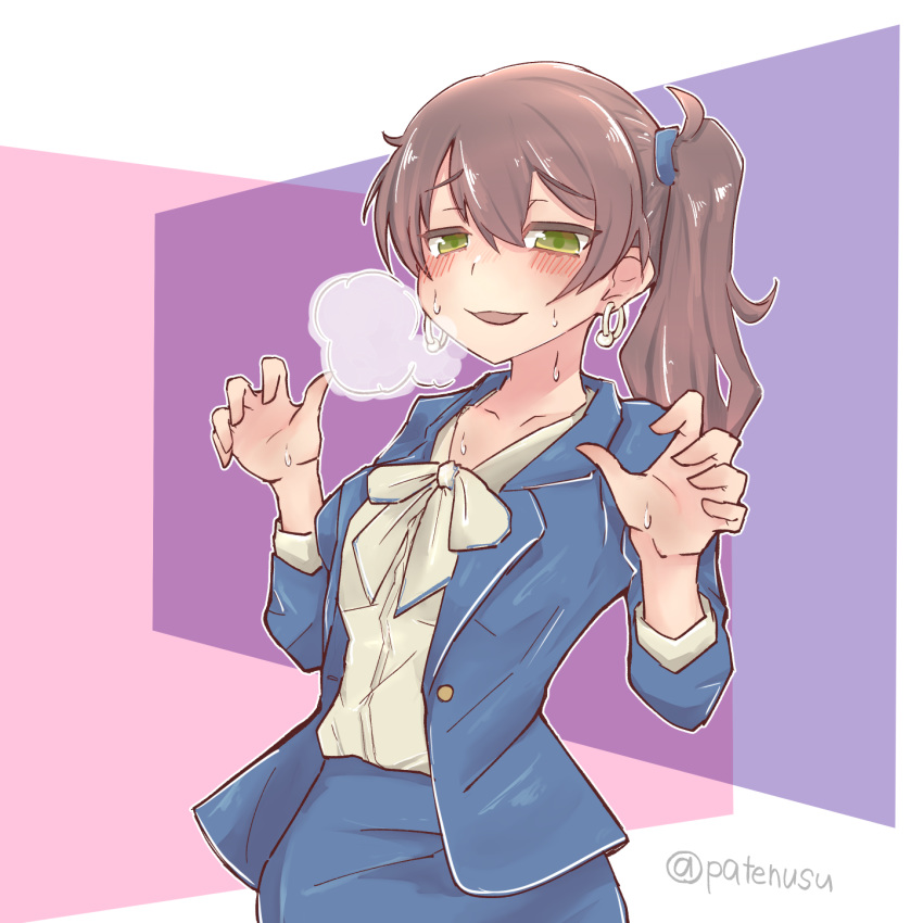 1girl, alternate_costume, blush, brown_hair, earrings, heavy_breathing, highres, jewelry