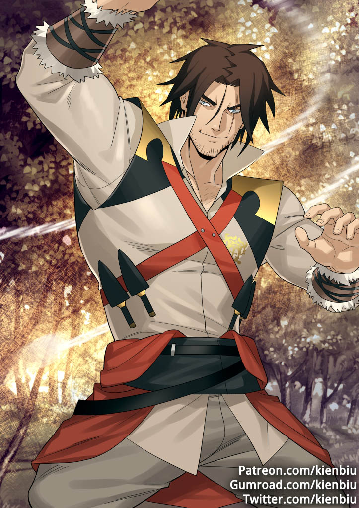 1boy, bara, belt, blue_eyes, brown_hair, castlevania, castlevania:_curse_of_darkness, castlevania_iii:_dracula's_curse