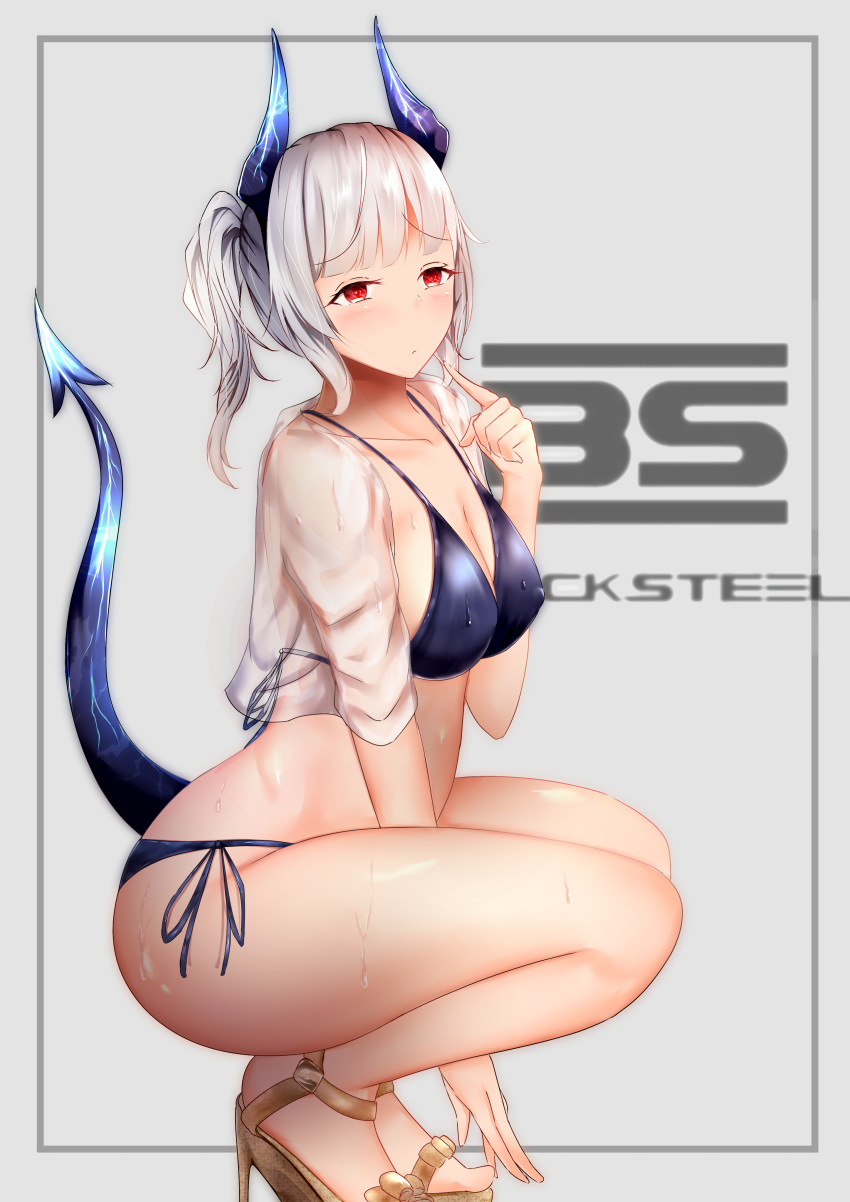 1girl, absurdres, arknights, bangs, bare_legs, bikini, blacksteel_worldwide_logo, blue_bikini, breasts, commentary_request, eyebrows_visible_through_hair, grey_background, highres, horns, kouki_hanada, liskarm_(arknights), looking_at_viewer, medium_breasts, open_clothes, open_shirt, partial_commentary, ponytail, red_eyes, sandals, see-through, short_hair, side-tie_bikini, silver_hair, simple_background, solo, squatting, swimsuit, tail, thighs