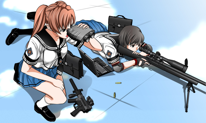 3d, bag, binoculars, bipod, black_hair, bullet, computer, elbow_pads