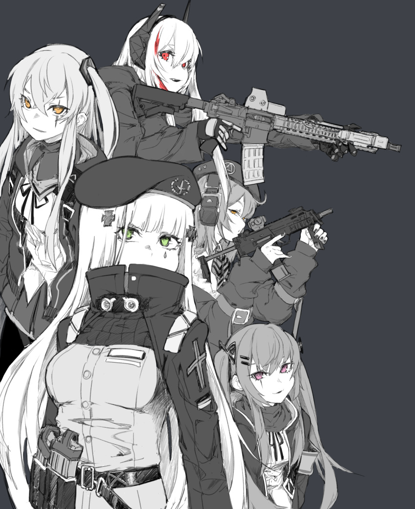 5girls, alma01, assault_rifle, belt_pouch, breasts, c-clamp, commentary_request, girls_frontline