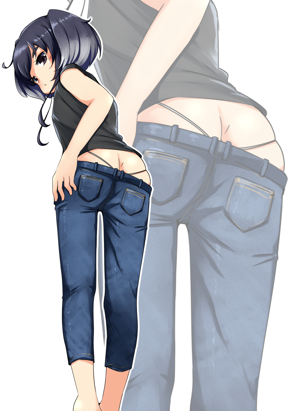 1girl, alternate_costume, ass, black_hair, black_panties, black_shirt, brown_eyes, butt_crack, casual, commentary_request, denim, feet_out_of_frame, from_behind, highres, jeans, kantai_collection, looking_at_viewer, looking_back, nassukun, panties, pants, shirt, short_hair, short_hair_with_long_locks, sidelocks, sleeveless, sleeveless_shirt, solo, standing, thong, tokitsukaze_(kantai_collection), two_side_up, underwear