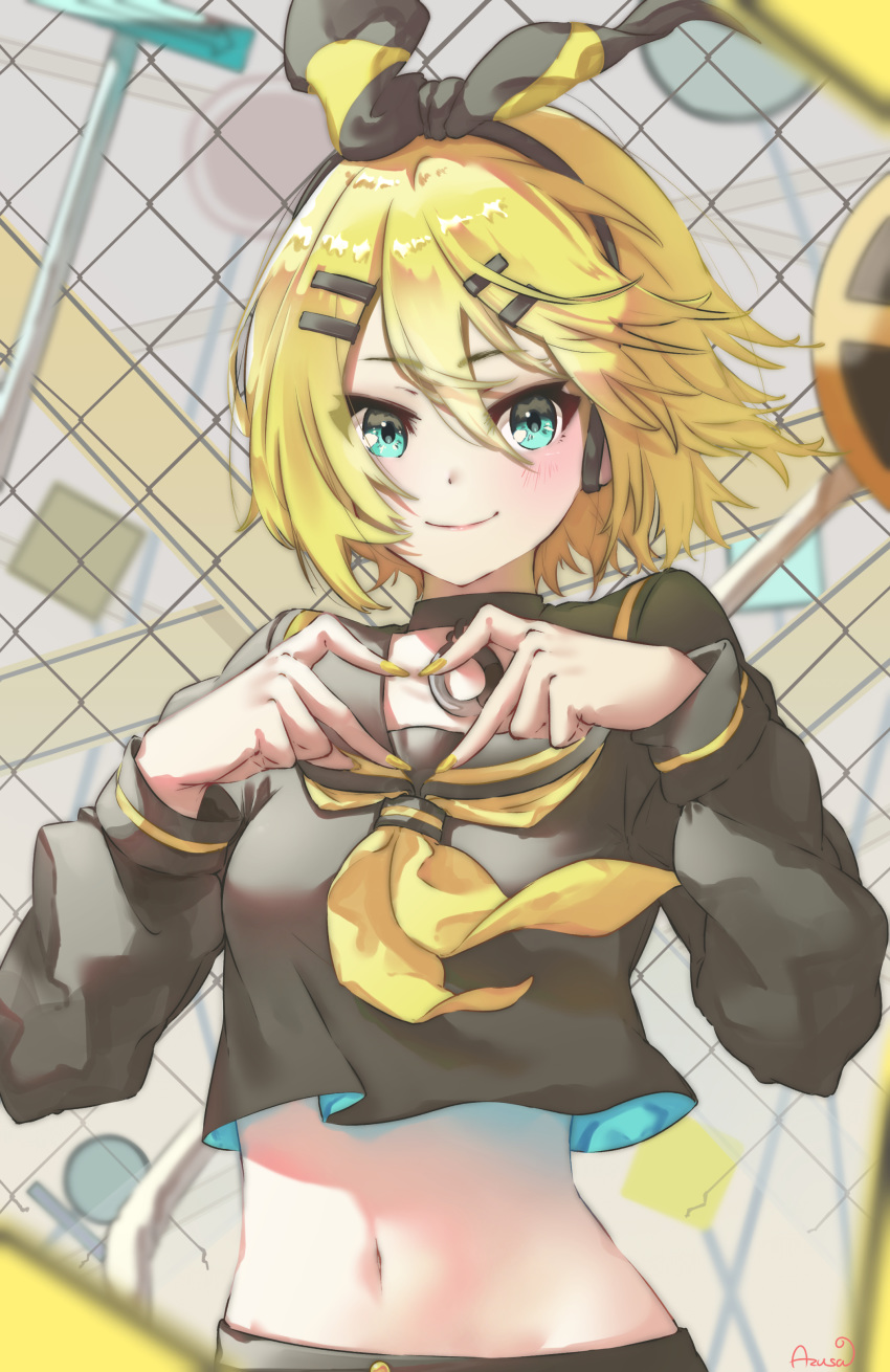 1girl, absurdres, azusa_(azunyan12), bangs, black_choker, black_sailor_collar, black_serafuku, black_shirt, black_skirt, blonde_hair, blue_eyes, blurry, blurry_background, blurry_foreground, blush, bow, breasts, caution_tape, chain-link_fence, choker, commentary_request, crop_top, crop_top_overhang, eyebrows_visible_through_hair, fence, groin, hair_between_eyes, hair_bow, hair_ornament, hairclip, headphones, heart, heart_hands, highres, kagamine_rin, long_sleeves, looking_at_viewer, medium_breasts, midriff, nail_polish, navel, neckerchief, rettou_joutou_(vocaloid), road_sign, sailor_collar, school_uniform, serafuku, shirt, short_hair, sidelocks, sign, signature, skirt, smile, solo, standing, upper_body, vocaloid, yellow_nails, yellow_neckwear