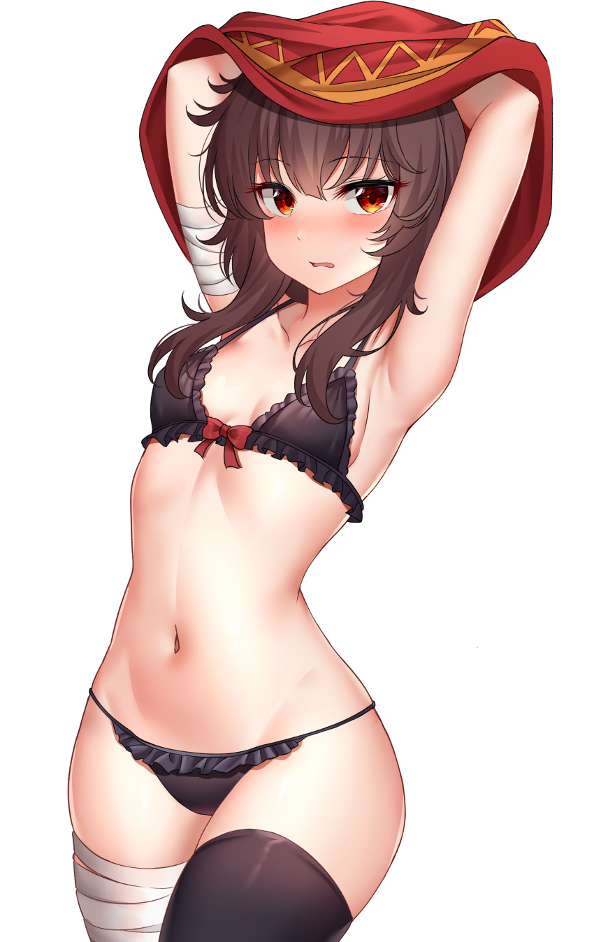 1girl, absurdres, armpits, arms_up, bandaged_arm, bandaged_leg, bandages, bangs