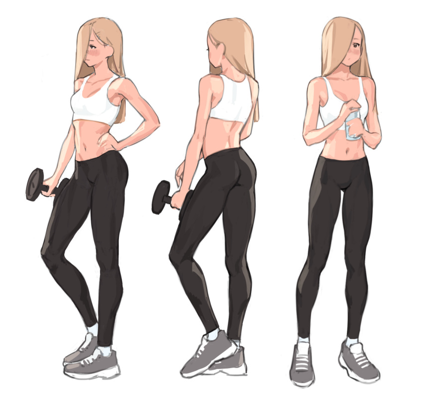 1girl, black_eyes, black_pants, blonde_hair, bottle, dumbbell, full_body, hair_over_one_eye