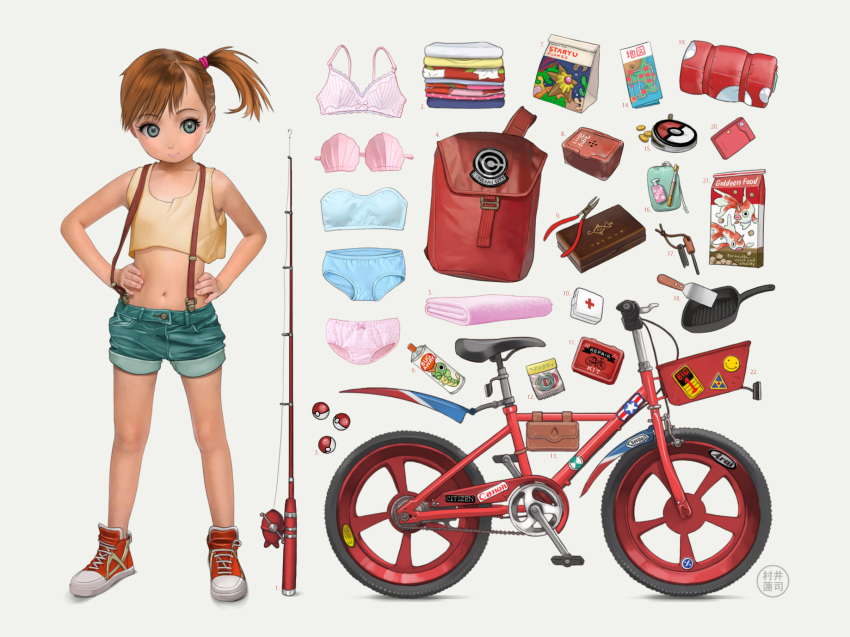 1girl, asymmetrical_hair, backpack, bag, bangs, bare_arms, bare_shoulders, bicycle