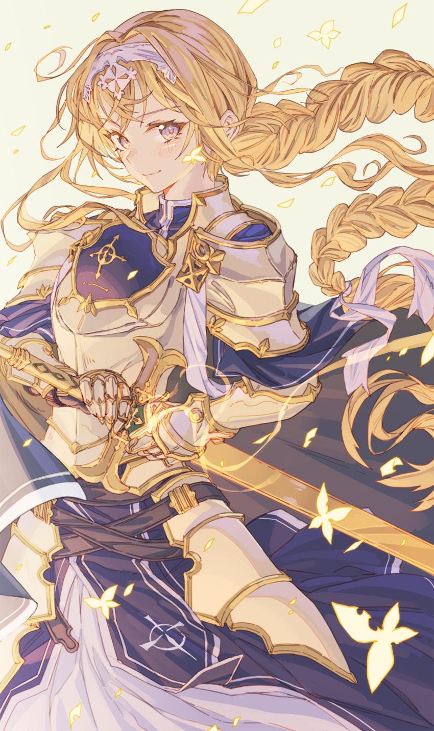 1girl, alice_schuberg, armor, bangs, blonde_hair, blue_cape, blush, body_armor