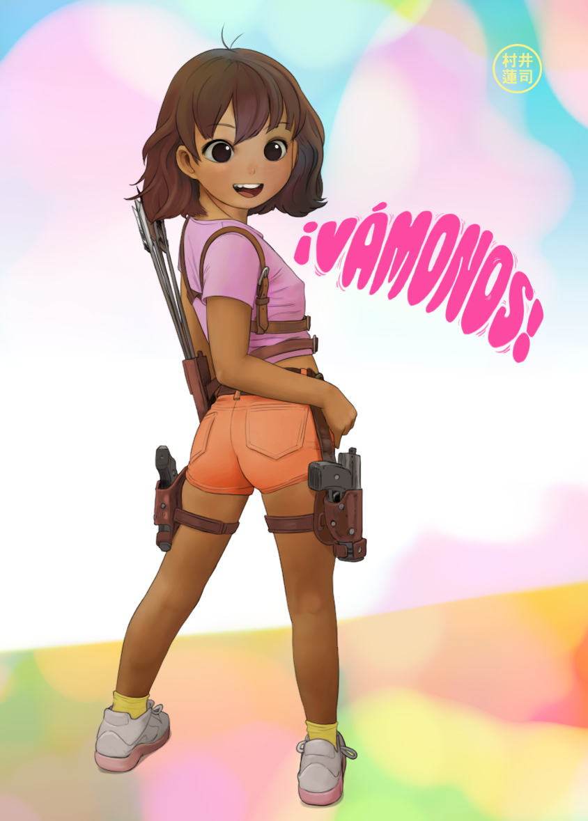 1girl, ahoge, arrow_(projectile), ass, belt, blush, brown_eyes, brown_hair