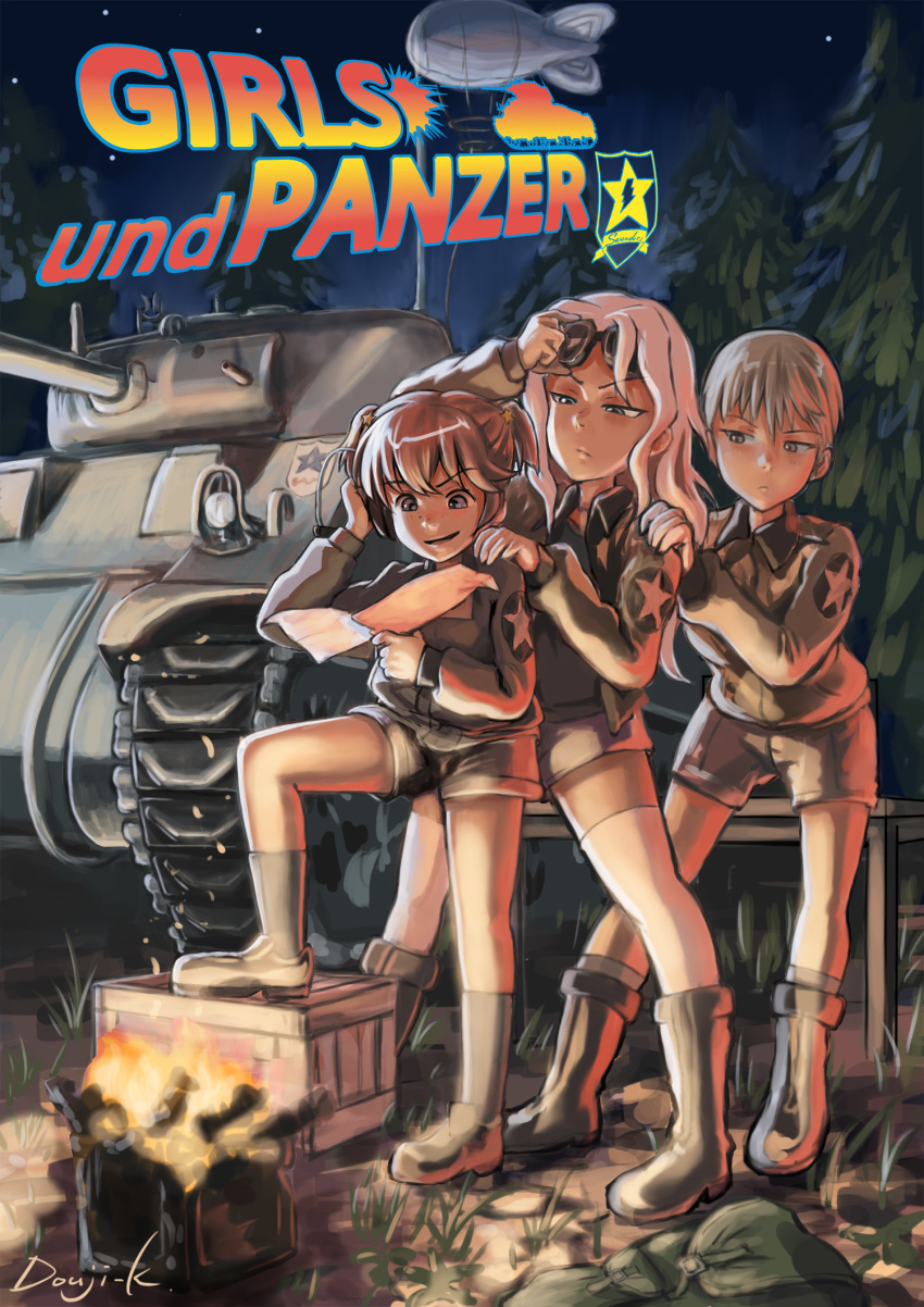 3girls, adjusting_headwear, aircraft, alisa_(girls_und_panzer), artist_name, back_to_the_future, bangs, black_footwear