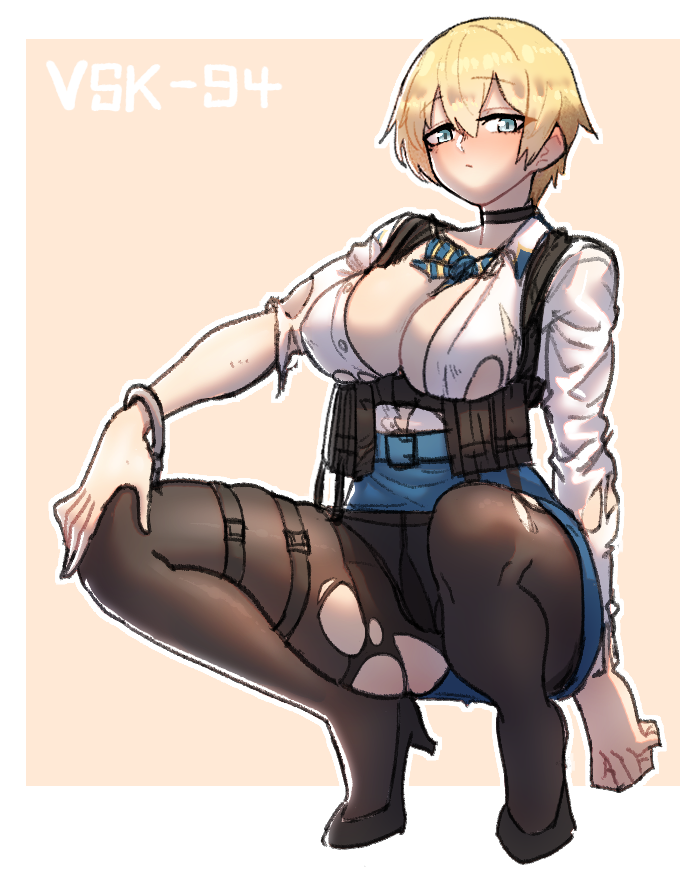 1girl, black_footwear, black_legwear, blonde_hair, blue_eyes, blue_skirt, blush, breasts