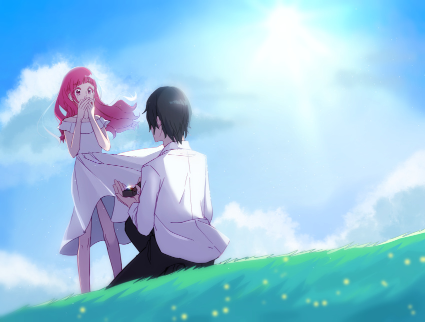 1boy, 1girl, bangs, black_hair, black_pants, couple, day, dress, eyebrows_visible_through_hair, floating_hair, from_below, george_kurai, hands_over_own_mouth, highres, hugtto!_precure, long_hair, nono_hana, off-shoulder_dress, off_shoulder, one_knee, outdoors, pants, pink_eyes, pink_hair, precure, proposal, ronorono, shiny, shiny_hair, shirt, sundress, white_dress, white_shirt