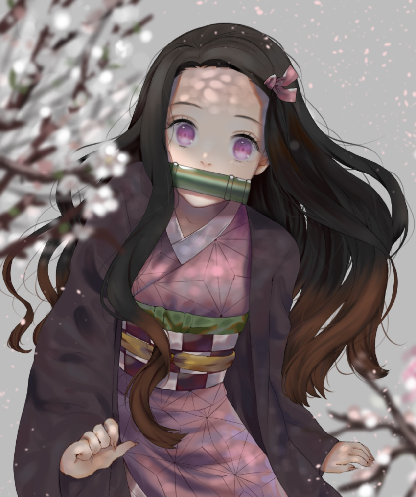 1girl, black_hair, blurry_foreground, brown_hair, fingernails, flower, gradient_hair, hair_ribbon, haori, highres, japanese_clothes, kamado_nezuko, kimetsu_no_yaiba, kimono, long_hair, long_sleeves, looking_at_viewer, multicolored_hair, pink_eyes, pink_kimono, pink_ribbon, print_kimono, ribbon, sharp_fingernails, solo, touhou3939, very_long_hair, white_flower