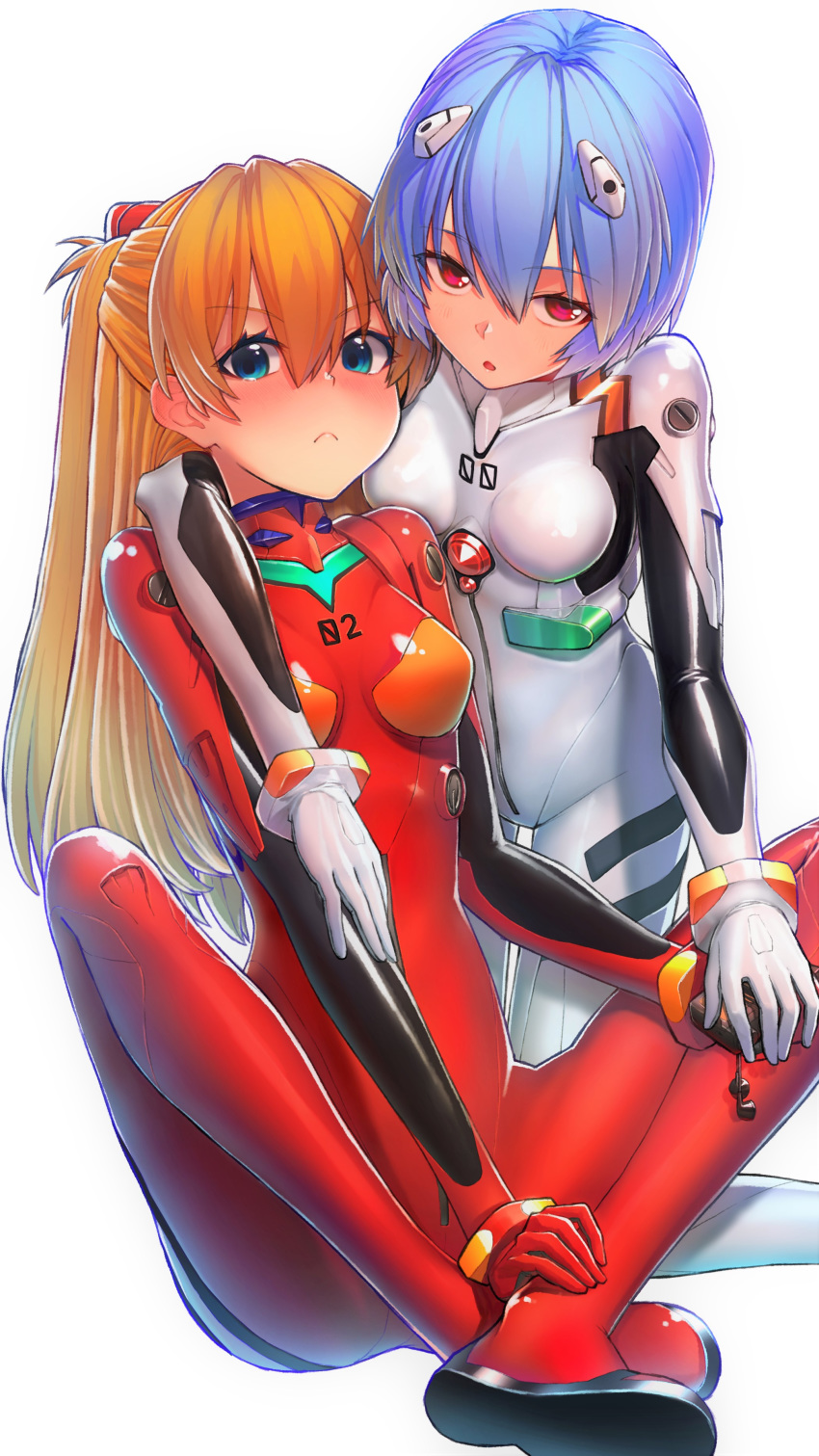 2girls, absurdres, arm_around_neck, ayanami_rei, bangs, blue_eyes, blue_hair, blush