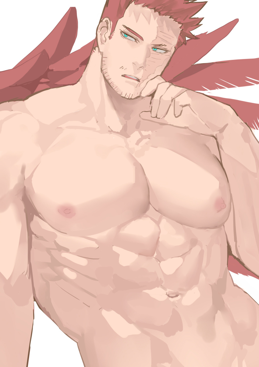 1boy, abs, bara, beard, boku_no_hero_academia, deavor_lover, facial_hair, feathered_wings, hawks_(boku_no_hero_academia), highres, male_focus, muscle, mustache, pectorals, red_wings, redhead, scar, shirtless, solo, spiky_hair, todoroki_enji, wings