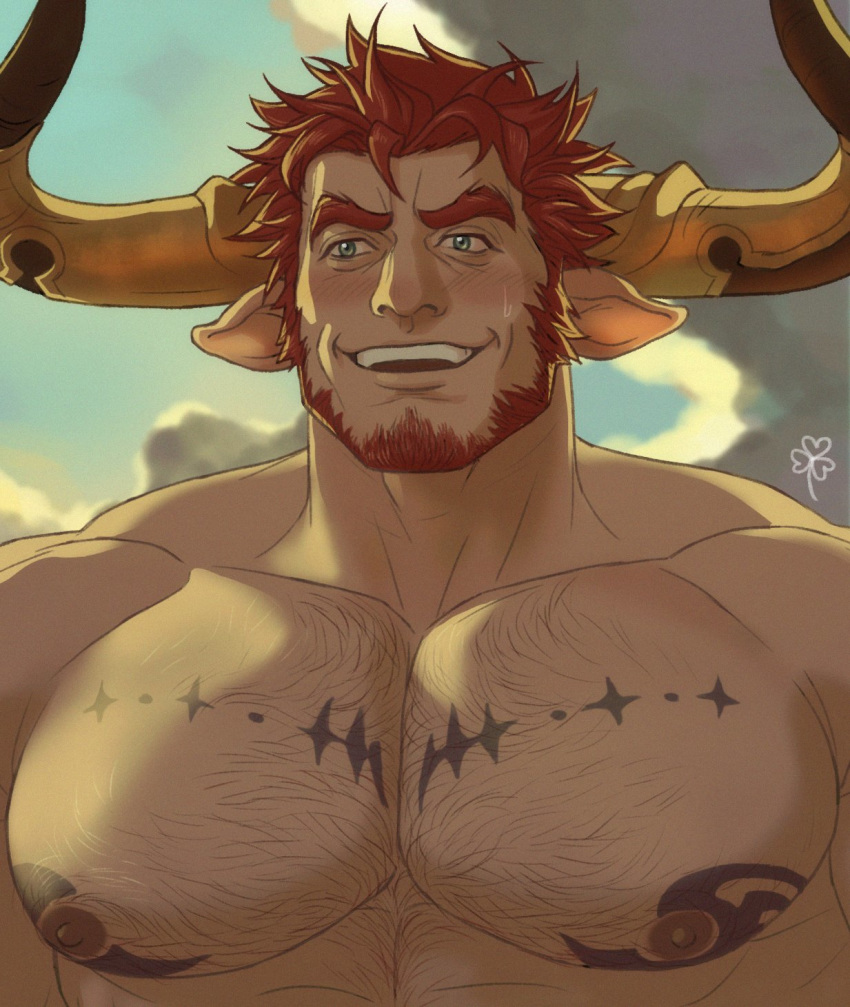 1boy, agielba, animal_ears, bara, beard, blush, chest, chest_hair