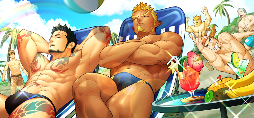 6+boys, abs, ball, bandana, bara, beard, billy_(gyee), black_hair, blonde_hair, blue_eyes, bulge, character_request, chest, cocktail_glass, crossed_arms, cup, drinking_glass, facial_hair, furry, goatee, gyee, highres, itto_(mentaiko), male_focus, manly, minamoto_no_raikou_(gyee), multicolored_hair, multiple_boys, muscle, navel, nipples, official_art, outdoors, palm_tree, pectorals, priapus, priapus_(gyee), rainbow, shirtless, shorts, sleeping, sparkle, summer, tattoo, thick_thighs, thighs, tree, upper_body