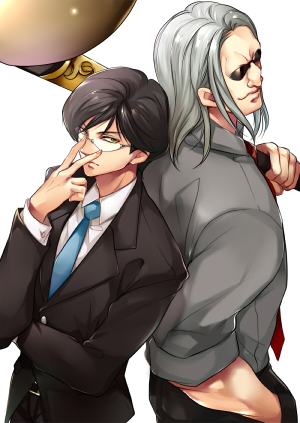 2boys, arm_up, back-to-back, belt, black_hair, black_jacket, black_pants, black_suit
