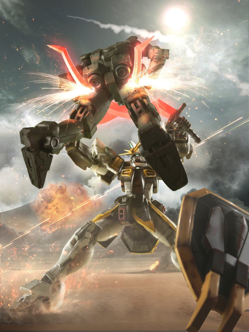 absurdres, atuki_mk2, diorama, dust, explosion, firing, gundam, gundam_sandrock