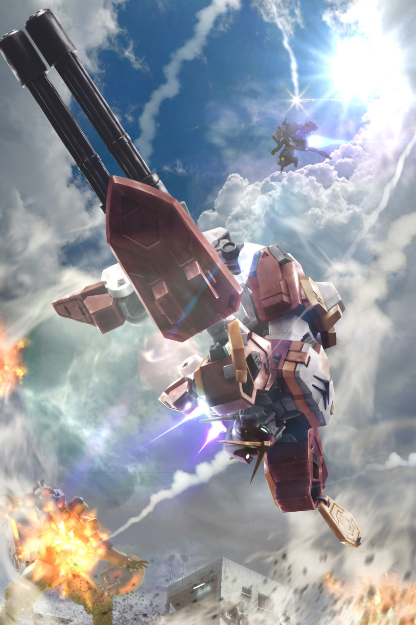 absurdres, aries_(mobile_suit), atuki_mk2, building, clouds, diorama, explosion, gatling_gun