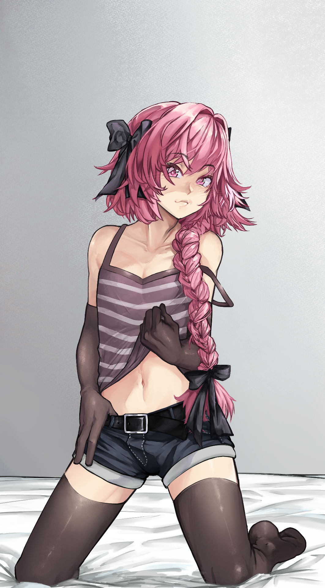 1boy, astolfo_(fate), bare_shoulders, belt, black_belt, black_gloves, black_legwear, black_shorts