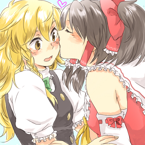 blush, hakurei_reimu, heart, kirisame_marisa, kiss, lowres, multiple_girls, nugaa