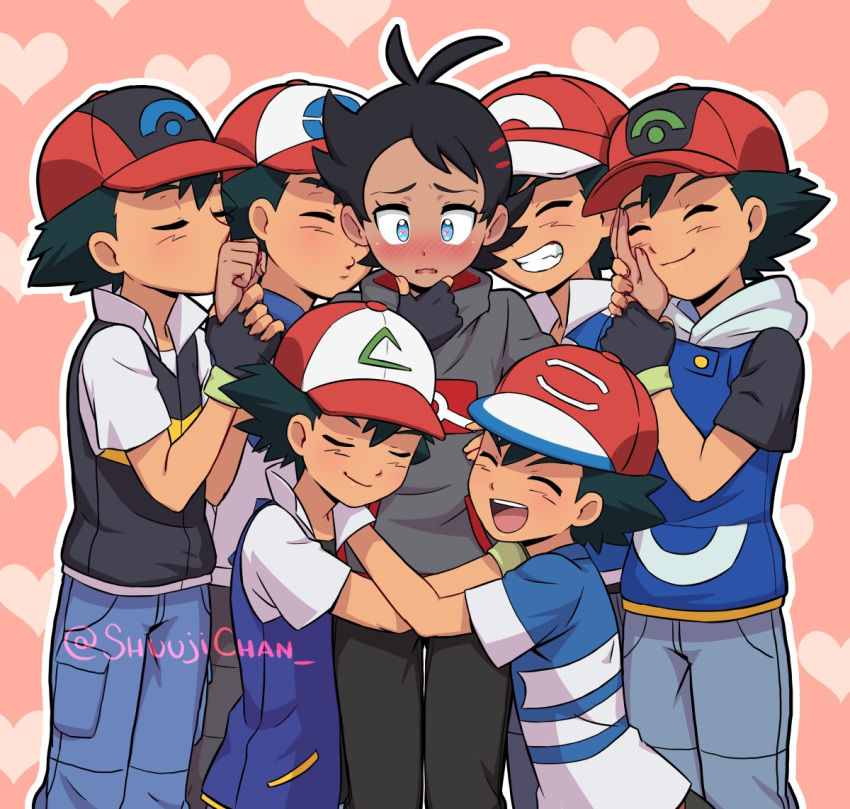 6+boys, antenna_hair, artist_name, bangs, baseball_cap, black_hair, black_pants, blue_eyes