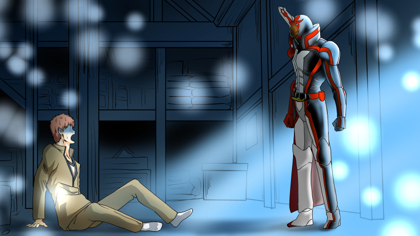 2boys, absurdres, are_you_my_master, armor, crossover, emiya_shirou, fate/stay_night, fate_(series), highres, homurahara_academy_uniform, horns, jo-star-1123, kamen_rider, kamen_rider_saber, kamen_rider_saber_(series), multiple_boys, orange_hair, parody, redhead, school_uniform, shinai, short_hair, single_horn, sword, weapon