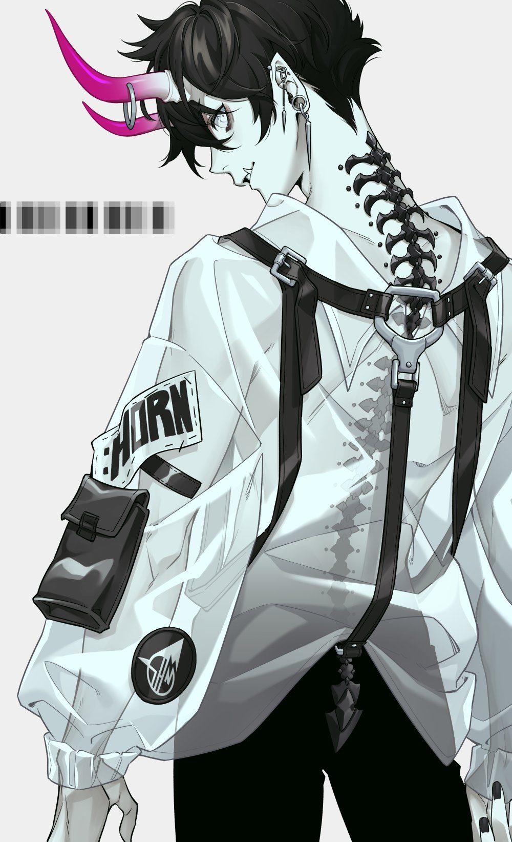 1boy, black_nails, black_pants, cowboy_shot, ear_piercing, earlobe_stretcher, earrings, fang