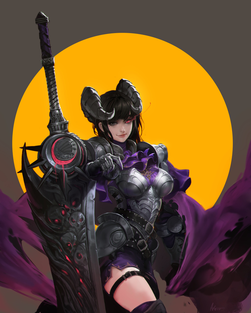 1girl, absurdres, armor, black_hair, breastplate, cape, clawed_gauntlets, closed_mouth
