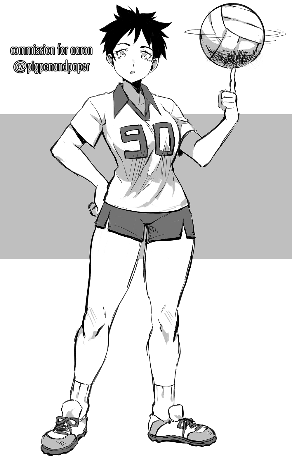 1girl, balancing_ball, basketball, basketball_uniform, borrowed_character, breasts, collared_shirt, commission