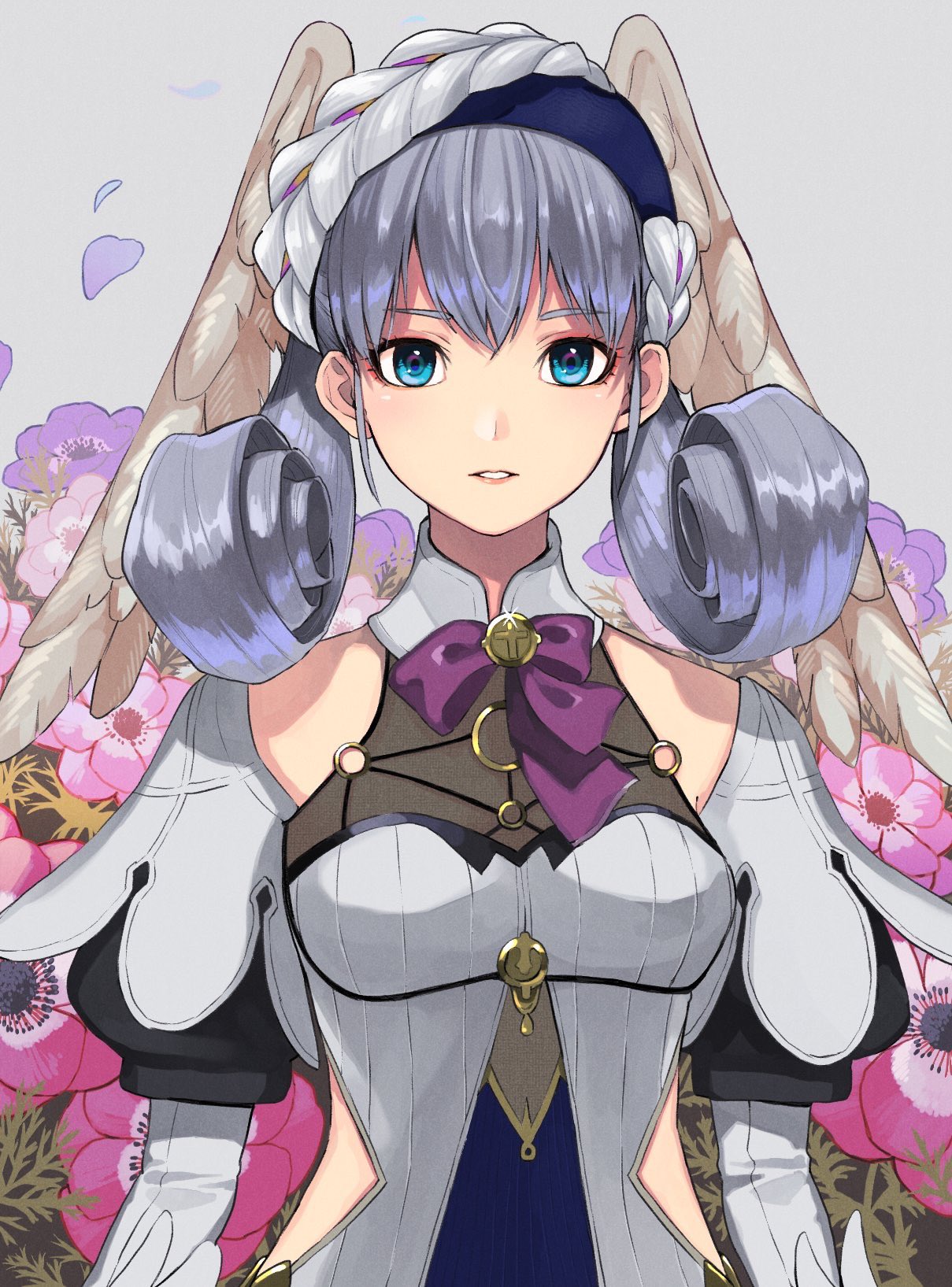 1girl, blue_eyes, braid, breasts, crown_braid, flower, grey_background, hair_between_eyes