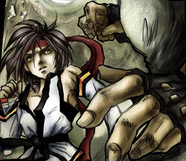 2boys, armpits, bandaged_hands, bare_shoulders, black_belt, black_gloves, brown_hair, detached_sleeves