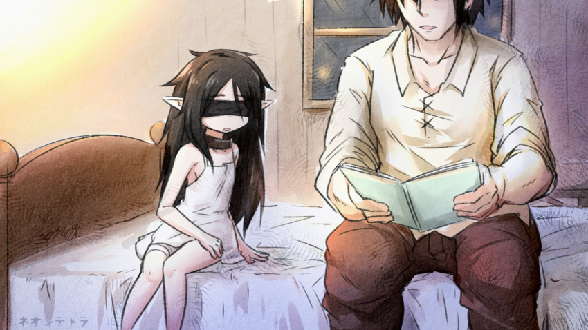 1boy, 1girl, bandaged_leg, bandages, bangs, bare_arms, bare_shoulders, bed