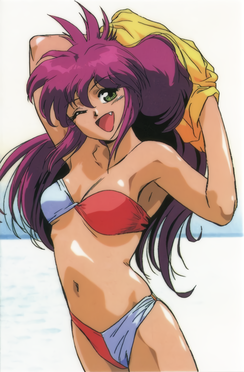 1990s_(style), 1girl, all_purpose_cultural_cat_girl_nuku_nuku, arms_up, bandeau, bikini, cowboy_shot, fang