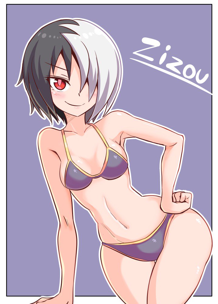 1girl, bikini, black_hair, breasts, closed_mouth, cougar1404, hair_over_one_eye, looking_at_viewer, majin_shoujo, multicolored_hair, navel, red_eyes, short_hair, smile, solo, standing, swimsuit, two-tone_hair, zizou_olympia