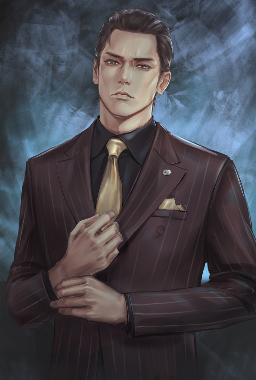 1boy, absurdres, adjusting_clothes, black_hair, black_shirt, blue_background, brown_eyes, brown_jacket, brown_suit, collared_shirt, commentary_request, dress_shirt, forehead, formal, hair_slicked_back, highres, jacket, jujuju, lapel_pin, long_sleeves, looking_at_viewer, male_focus, mine_yoshitaka, necktie, open_hand, parted_lips, pin, pinstripe_pattern, pinstripe_suit, pocket_square, ryuu_ga_gotoku, shirt, short_hair, solo, striped, striped_suit, suit, upper_body, yellow_neckwear