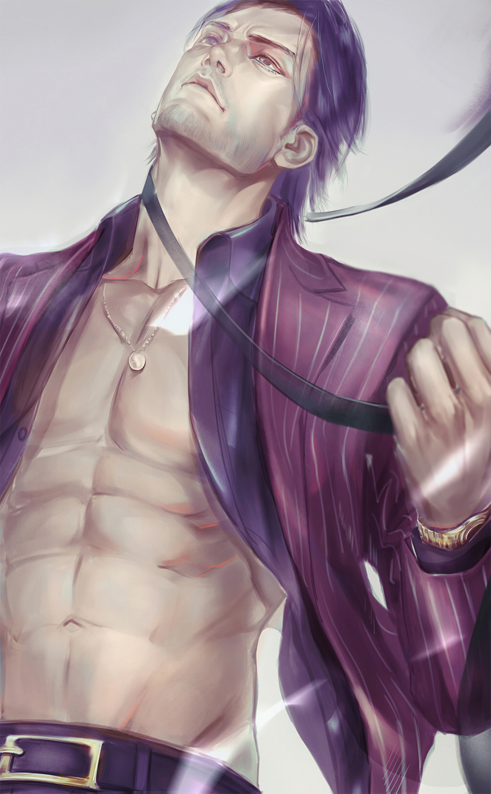 1boy, abs, akiyama_shun, bare_chest, belt, belt_buckle, black_belt, black_eyes