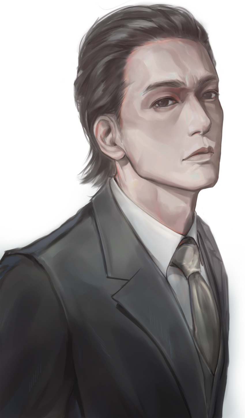 1boy, black_hair, black_jacket, black_suit, closed_mouth, collared_shirt, commentary, dress_shirt