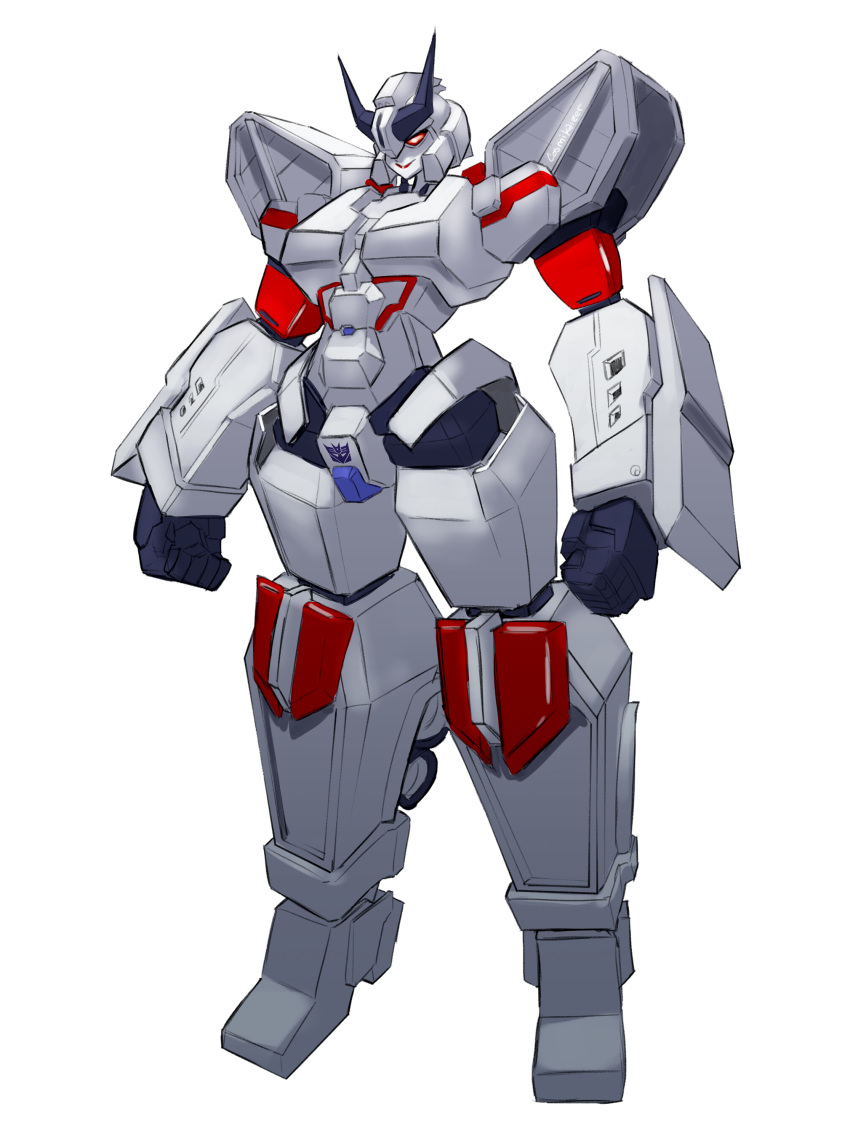 1girl, absurdres, clenched_hands, cosmikaizer, decepticon, highres, looking_down, mecha