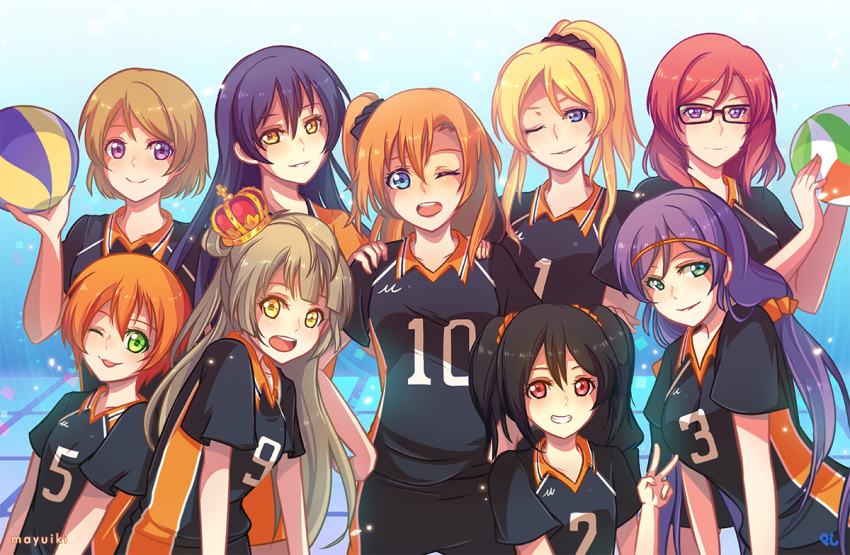 6+girls, ayase_eli, ball, basketball_uniform, cosplay, haikyuu!!, holding, holding_ball