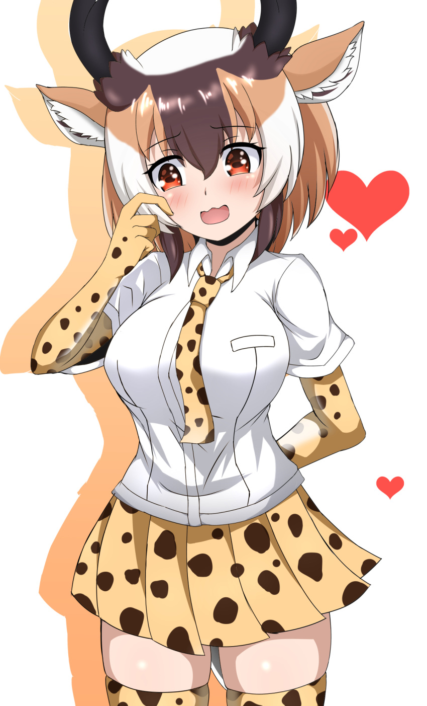 1girl, animal_ear_fluff, animal_ears, animal_print, arm_behind_back, bangs, blush, breast_pocket