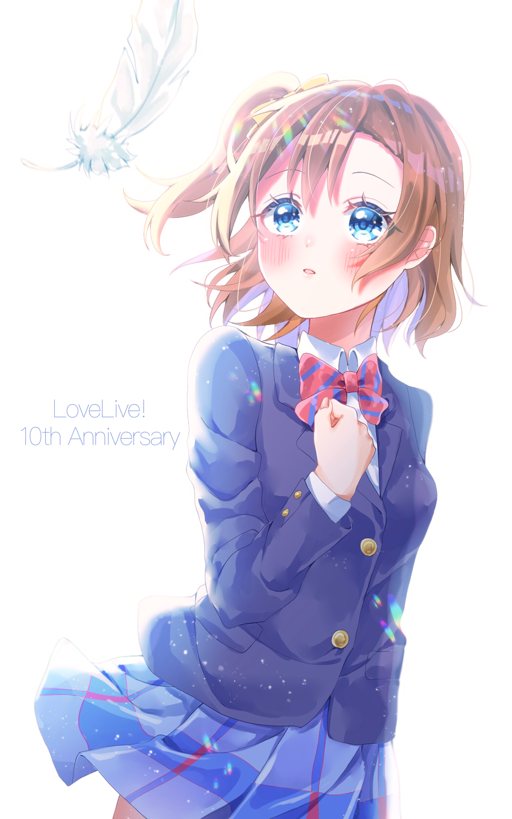 1girl, bangs, blue_eyes, blue_jacket, blue_skirt, bow, bowtie, brown_hair