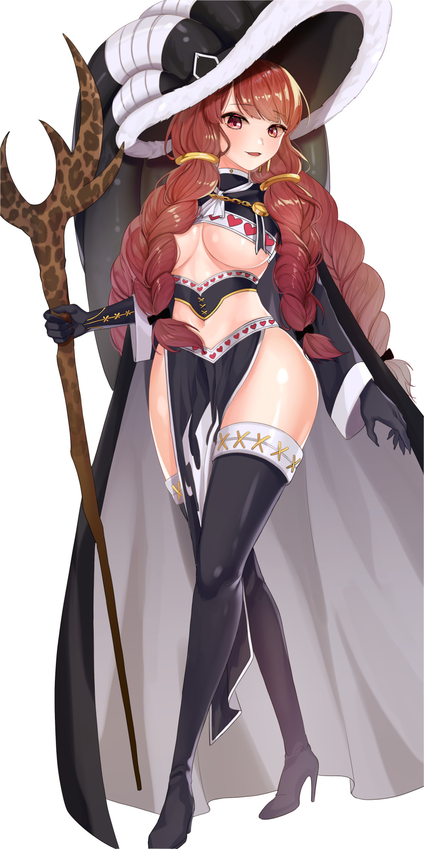 1girl, absurdres, bangs, black_cape, black_footwear, black_gloves, boots, braid, breasts, brown_eyes, brown_hair, cape, eyebrows_visible_through_hair, fairy_tail, full_body, gloves, high_heel_boots, high_heels, highres, holding, holding_staff, irene_belserion, large_breasts, lillly, long_hair, midriff, navel, open_mouth, shiny, shiny_hair, shiny_skin, simple_background, solo, staff, standing, stomach, thigh-highs, thigh_boots, under_boob, very_long_hair, white_background, zettai_ryouiki